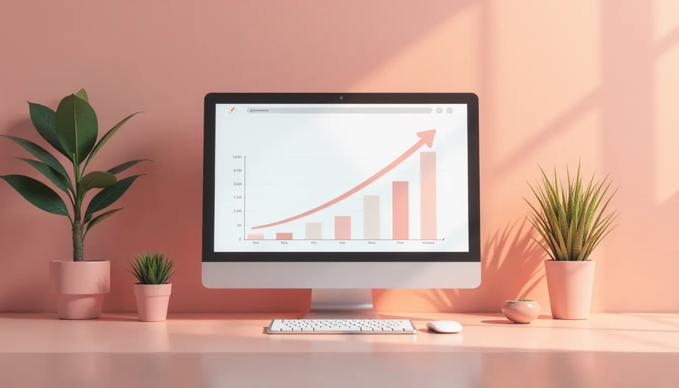 Imagem de um computador exibindo um gráfico de crescimento em uma mesa decorada com plantas em vasos. O gráfico mostra uma tendência de aumento, com barras em tons de rosa. A parede de fundo é rosa, criando um ambiente moderno e acolhedor.