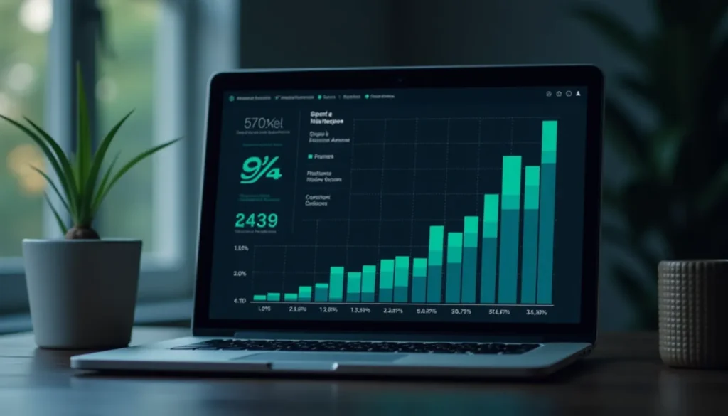 Gráfico de crescimento exibido em um laptop, mostrando dados analíticos com barras ascendentes em um fundo escuro, destacando estatísticas e métricas relevantes. Uma planta decorativa e um vaso estão visíveis ao lado do laptop, criando um ambiente de trabalho moderno.
