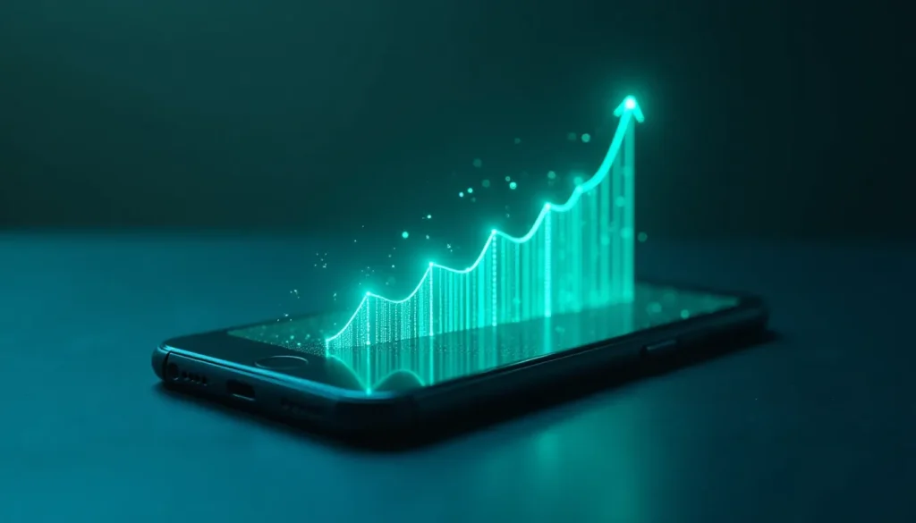 Imagem de um smartphone com um gráfico em ascensão projetado na tela, representando crescimento e análise de dados, em um fundo escuro e tecnológico.