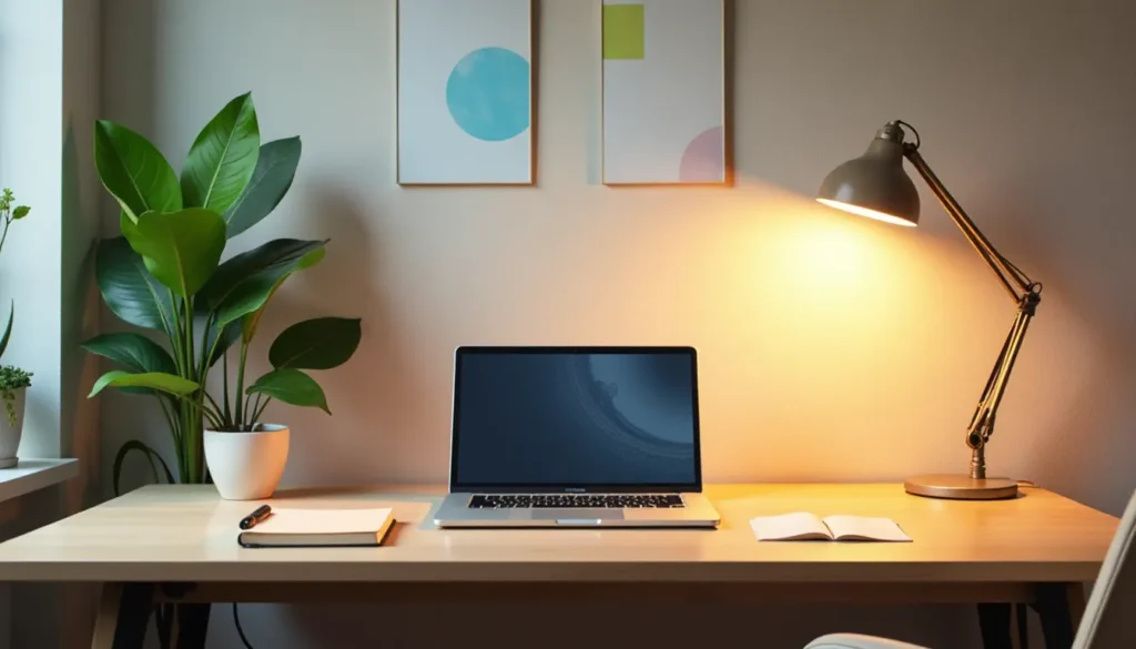Escrivaninha organizada com um laptop, caderno, caneta e uma luminária acesa, rodeada por plantas em vaso, criando um ambiente de trabalho moderno e aconchegante. Ideia perfeita para home office.