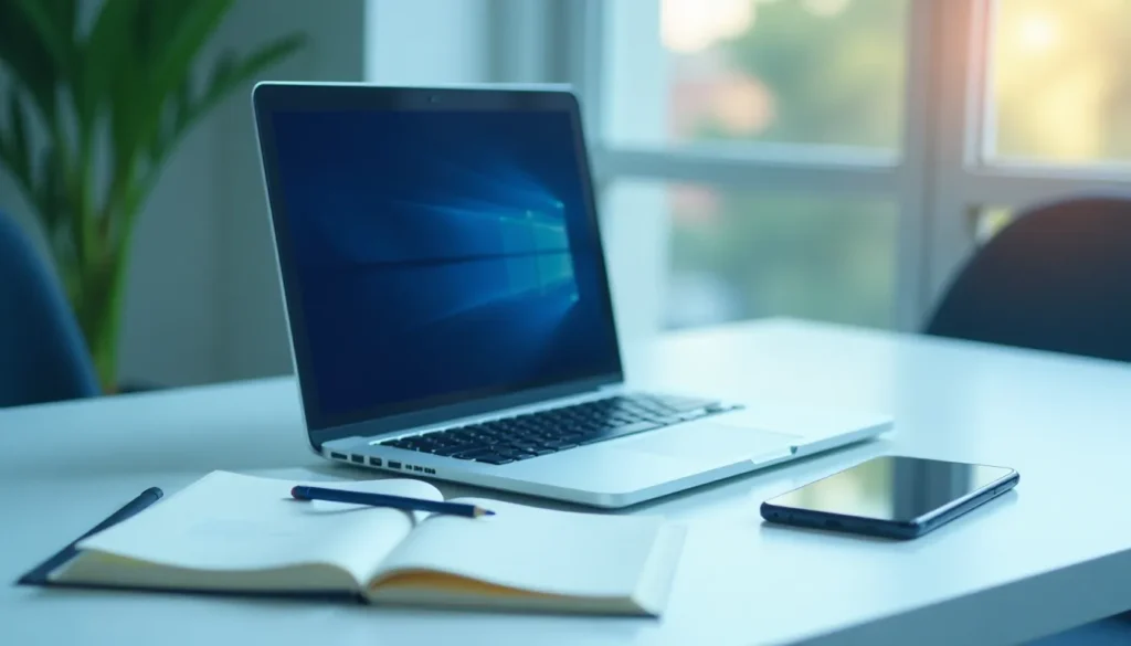 Laptop em uma mesa de trabalho com tela ligada, caderno aberto e caneta ao lado, além de um smartphone, com uma vista de janelas ao fundo. Ideal para tópicos sobre home office e produtividade.