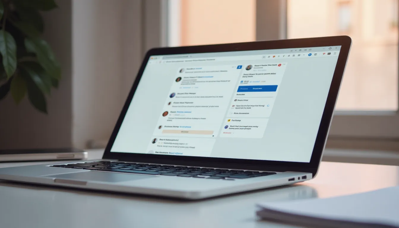 Laptop moderno exibindo uma tela com interface de comunicação, incluindo mensagens e interações em mídias sociais, sobre uma mesa de escritório com janela ao fundo.
