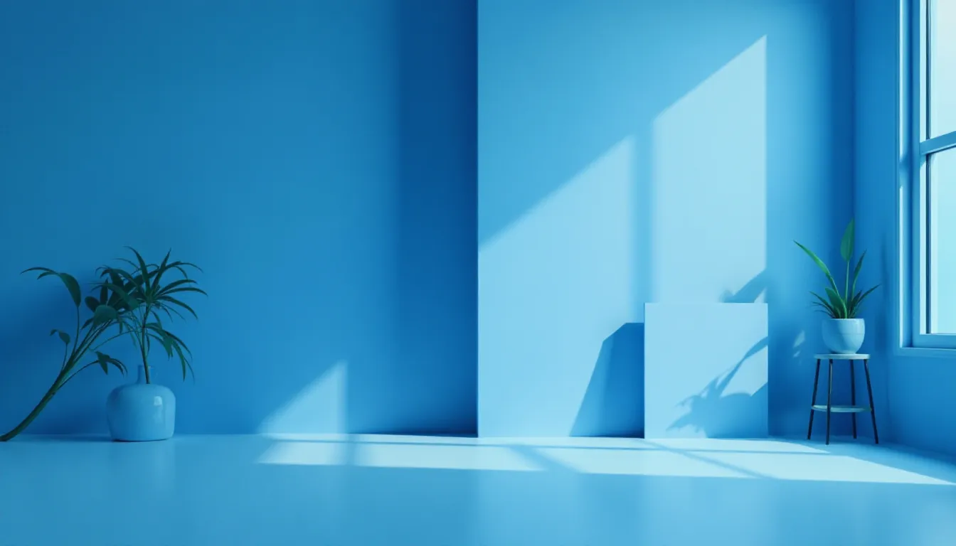 Ambiente minimalista em tons de azul, com uma planta em vaso ao canto e sombras projetadas nas paredes, iluminado pela luz natural que entra pela janela.