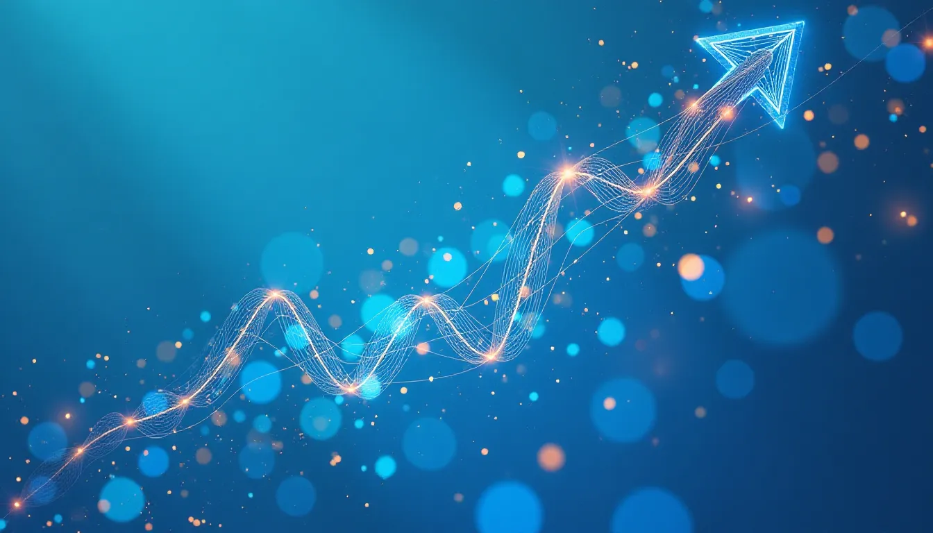 Seta digital ascendente em um fundo azul com partículas brilhantes, representando crescimento e progresso.