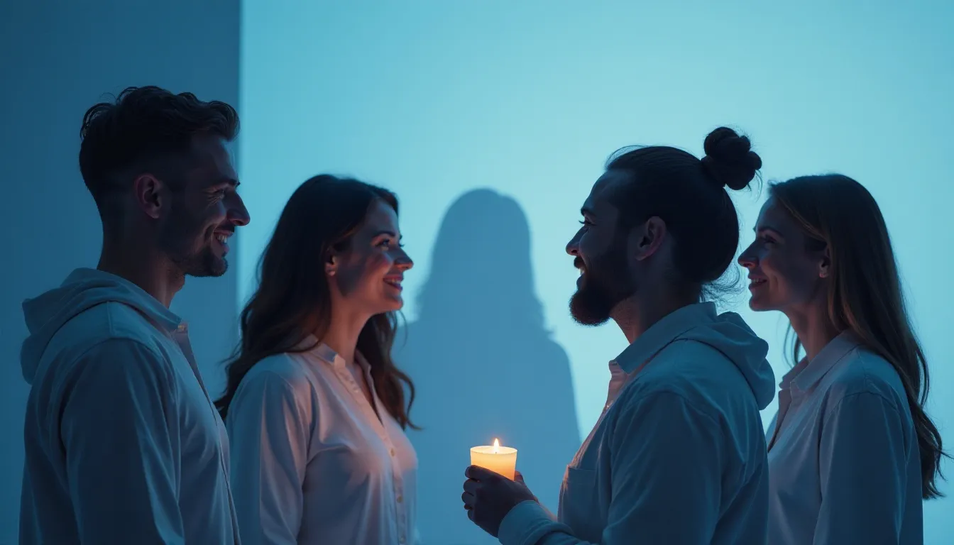 Grupo de quatro pessoas sorrindo e interagindo em um ambiente iluminado por uma vela, com sombras projetadas ao fundo. Eles estão vestidos com camisas brancas, sugerindo um momento social íntimo e alegre.