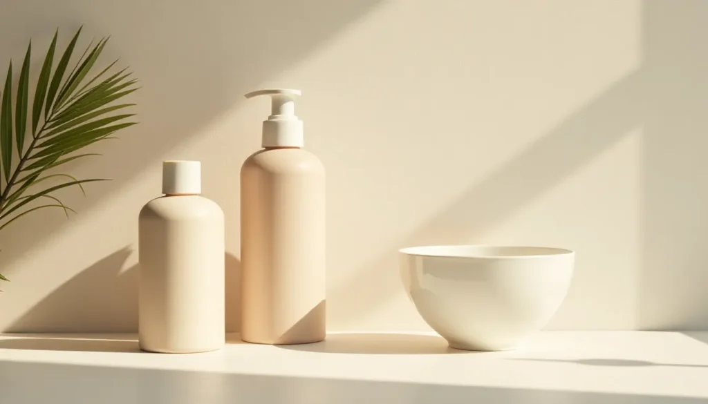 Frascos de produtos de beleza em tons neutros, incluindo um frasco com bomba e um com tampa, acompanhados por uma tigela branca, em uma superfície clara iluminada por luz natural.