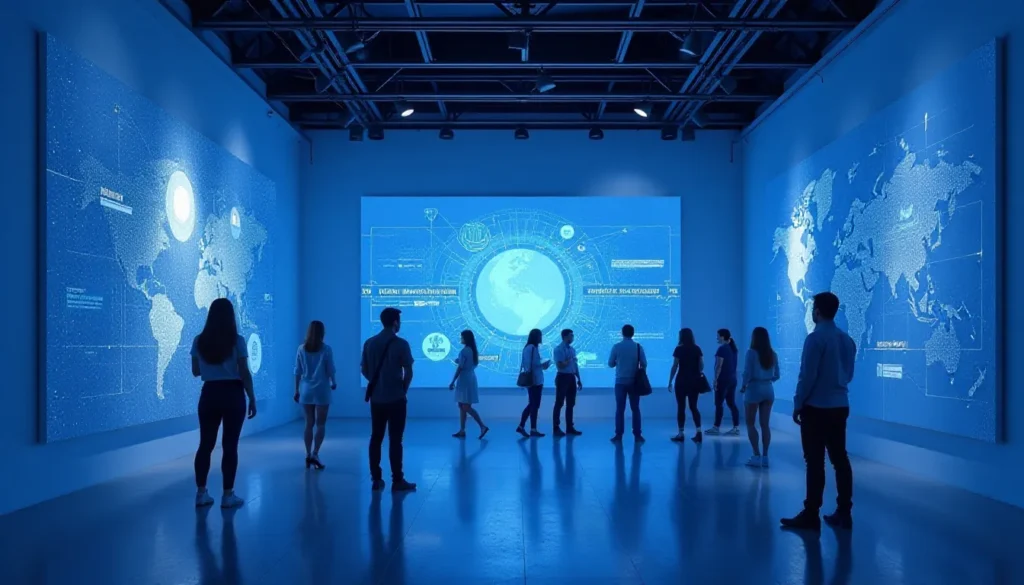 Grupo de pessoas interagindo em uma sala de exibição moderna com projeções em azul, incluindo mapas e infográficos, destacando a tecnologia interativa em um ambiente de aprendizado.