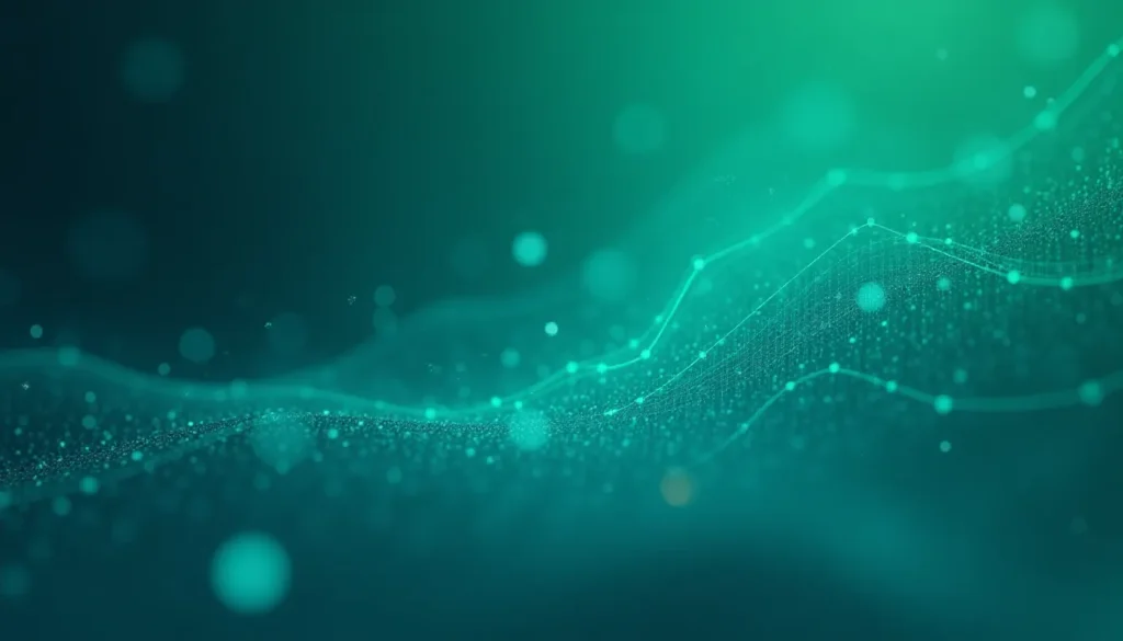 Fundo abstrato em tons de verde, apresentando linhas onduladas e partículas brilhantes, representando conceitos de tecnologia, dados e inovação. Ideal para temas relacionados a ciência, análise de dados ou design digital.