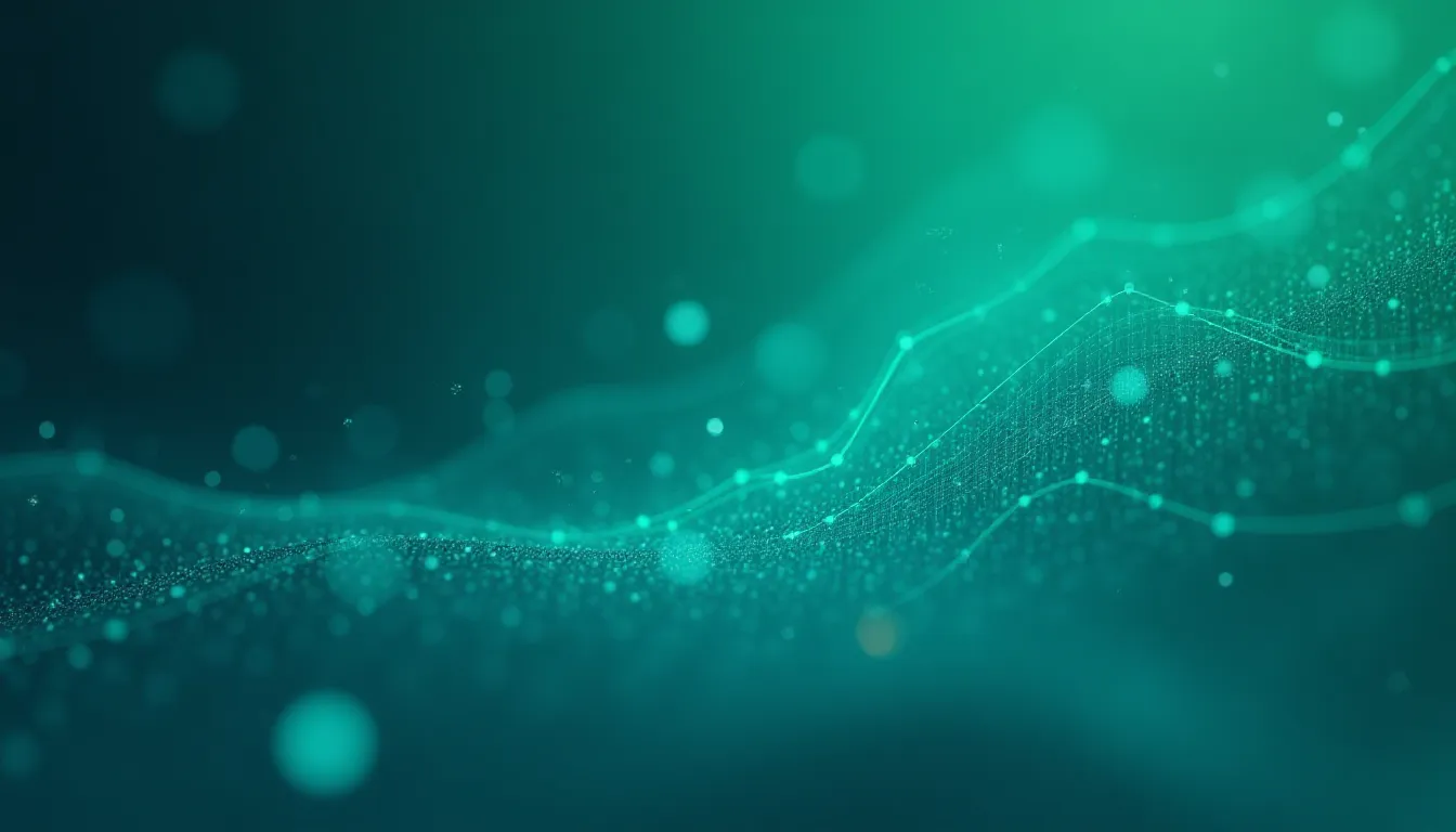 Fundo abstrato em tons de verde, apresentando linhas onduladas e partículas brilhantes, representando conceitos de tecnologia, dados e inovação. Ideal para temas relacionados a ciência, análise de dados ou design digital.