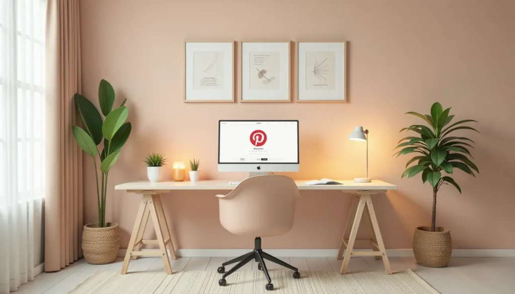 Escritório moderno com parede rosa, mesa de madeira clara e cadeira em estilo minimalista. Computador exibindo o logo do Pinterest, iluminação suave e plantas decorativas em vasos. Ambiente agradável e inspirador para trabalho ou estudo.