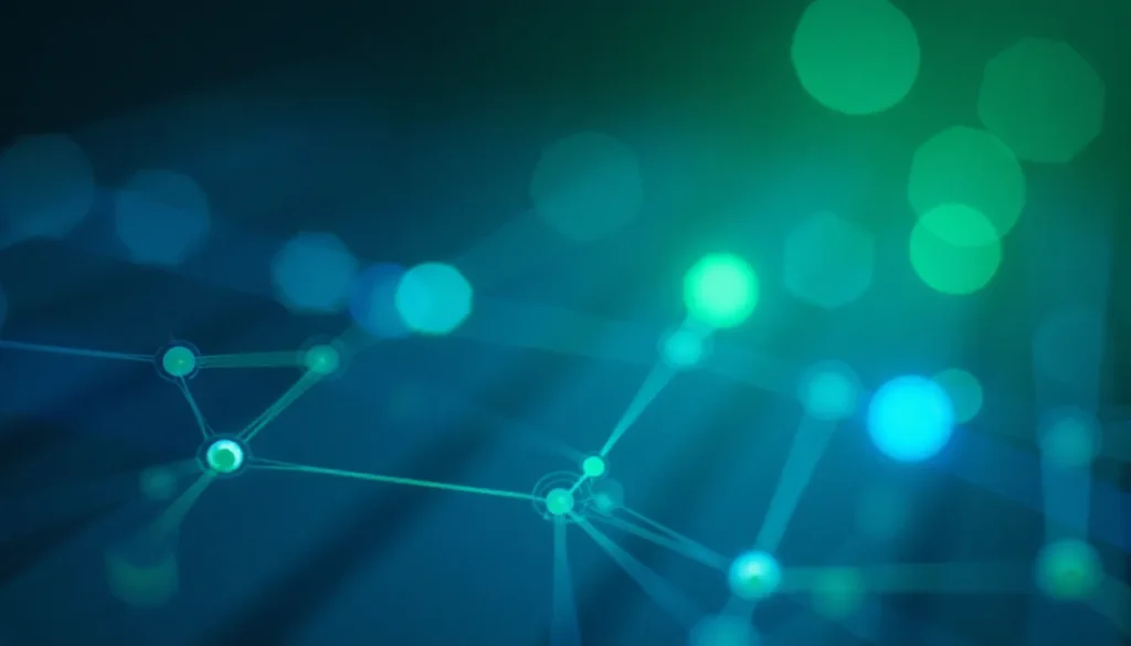 Fundo abstrato em tons de azul e verde com pontos luminosos interconectados, representando redes e tecnologia digital.