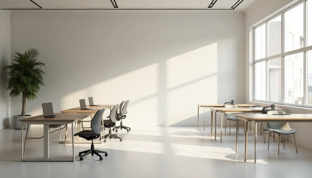 Ambiente de escritório moderno e minimalista, com mesas de madeira, cadeiras ergonômicas e iluminação natural abundante através de grandes janelas. Existe uma planta decorativa no canto, contribuindo para a atmosfera tranquila e produtiva.