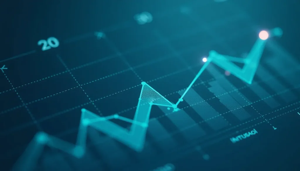 Gráfico de análise de dados com linha de tendência em azul, exibindo variações de valores em um fundo escuro. As informações são apresentadas em formato de gráfico de linha com eixos claramente definidos, ideal para visualização de métricas financeiras ou estatísticas.