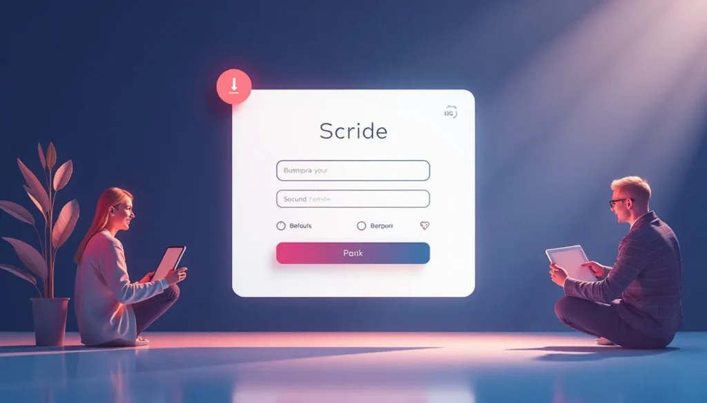 Usuários interagindo com uma interface digital chamada "Scribe", exibindo campos de entrada e opções de personalização em um ambiente moderno e minimalista.