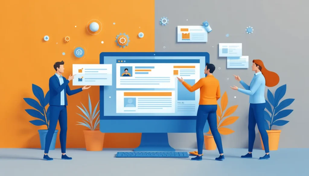 Três profissionais interagindo com um computador, destacando a colaboração na análise de dados e informações em um ambiente digital moderno. Elementos gráficos e ícones ao fundo simbolizam tecnologia e inovação.