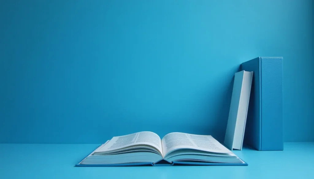 Livro aberto em frente a uma parede azul, com outros livros fechados ao lado, criando uma composição minimalista e elegante.