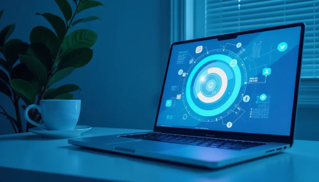 Laptop moderno exibindo gráficos digitais em tons de azul, com uma planta ao fundo e uma xícara de café sobre a mesa, ideal para ambientes de trabalho criativos e tecnológicos.