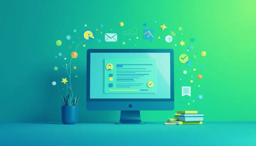 Ilustração colorida de um computador de mesa exibindo uma interface digital, cercado por ícones representando comunicação e produtividade, com uma planta e livros ao fundo.