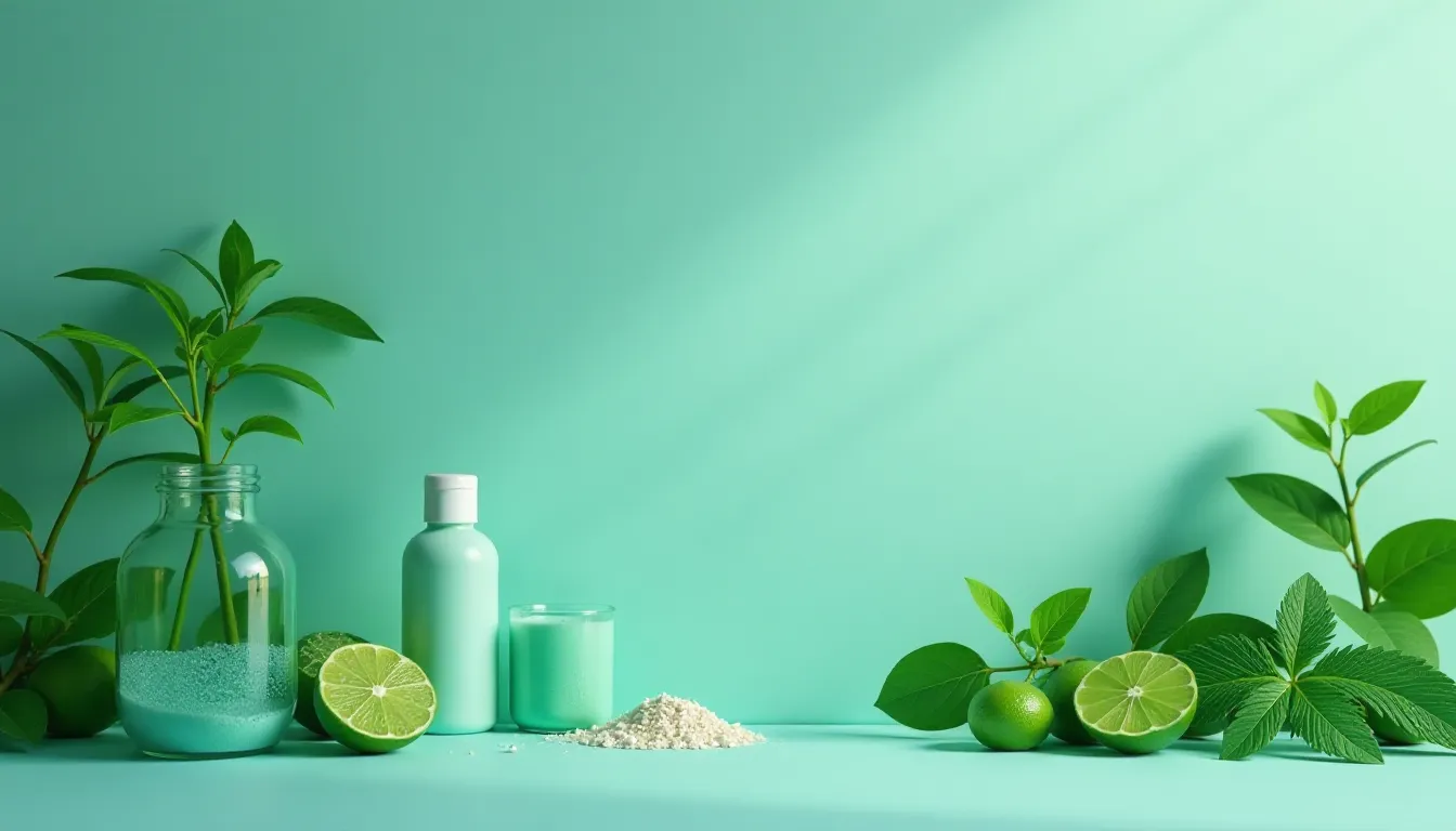 Imagem com fundo verde-água, apresentando uma composição de produtos naturais, incluindo uma garrafa de vidro com açúcar, frascos de cosméticos em tons de verde, fatias e limões inteiros, além de folhas frescas, transmitindo uma estética refrescante e saudável.