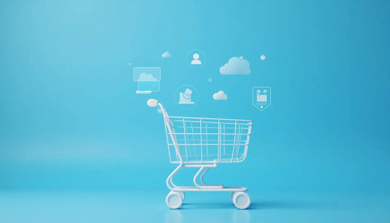 Carrinho de compras branco em um fundo azul, com ícones de nuvem e usuário, simbolizando compras online e tecnologia digital.
