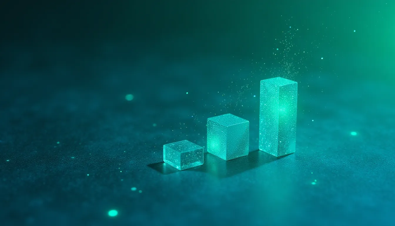Gráficos de barras em 3D com efeito de brilho em verde, representando crescimento e análise de dados em um fundo sutil e sofisticado.