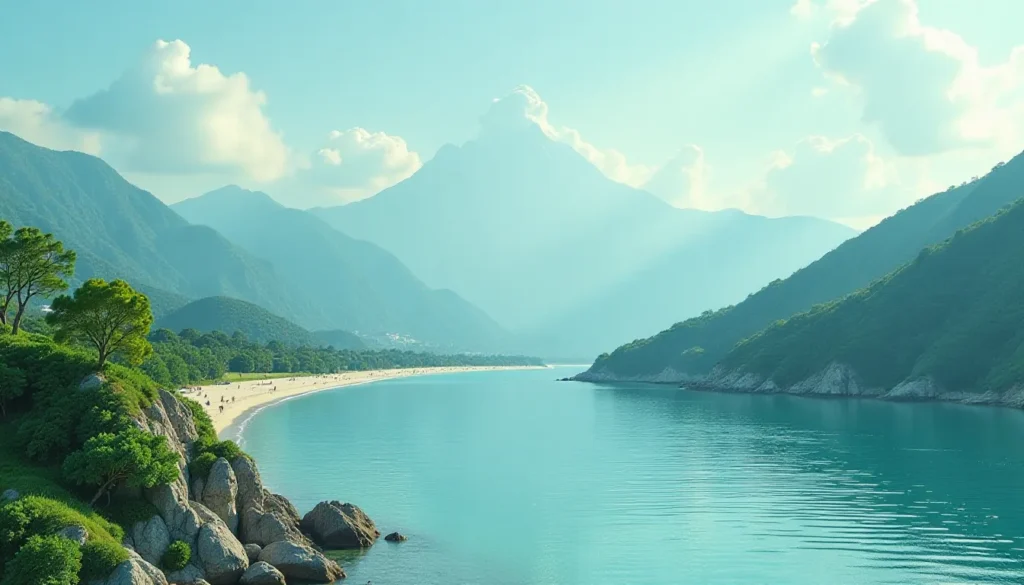 Vista panorâmica de uma baía tranquila cercada por montanhas verdes, com uma praia de areia clara e pessoas aproveitando o ambiente, sob um céu azul-claro com nuvens suaves. Ideal para relaxamento e atividades ao ar livre.