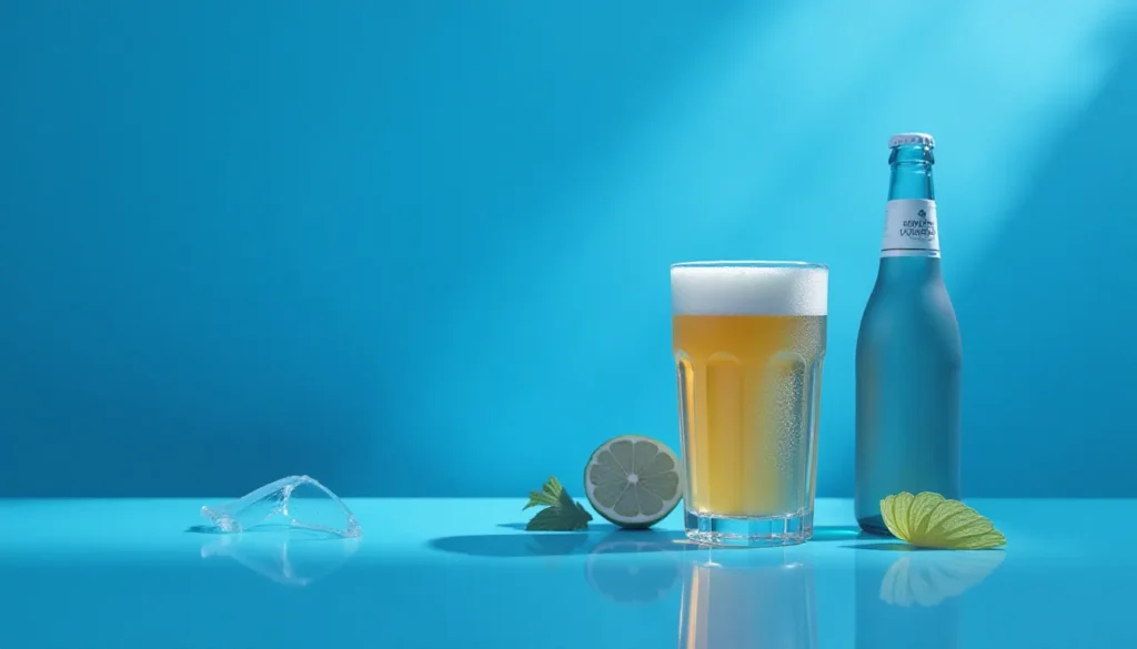 Copo de cerveja gelada com espuma, garrafa de cerveja ao lado, fatias de limão e hortelã em um fundo azul vibrante.