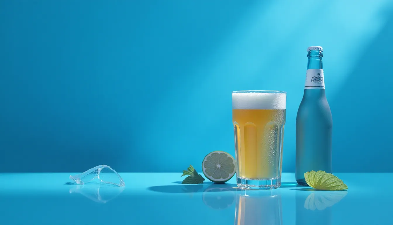 Copo de cerveja gelada com espuma, garrafa de cerveja ao lado, fatias de limão e hortelã em um fundo azul vibrante.
