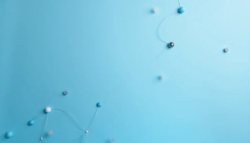 Imagem abstrata com esferas coloridas e fios brancos dispostos sobre um fundo azul claro, representando conexões e interações.