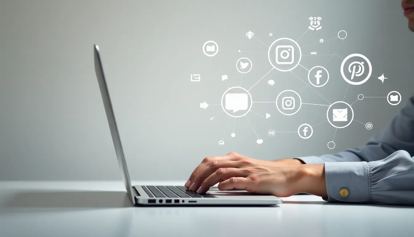 Pessoa utilizando um laptop com ícones de redes sociais flutuando ao redor, simbolizando interação digital e marketing em redes sociais.