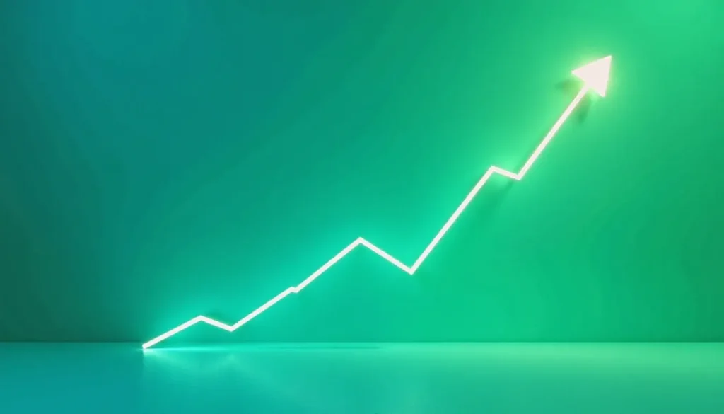 Gráfico de linha ascendente iluminado em neon sobre fundo verde, simbolizando crescimento e prosperidade em negócios e finanças.