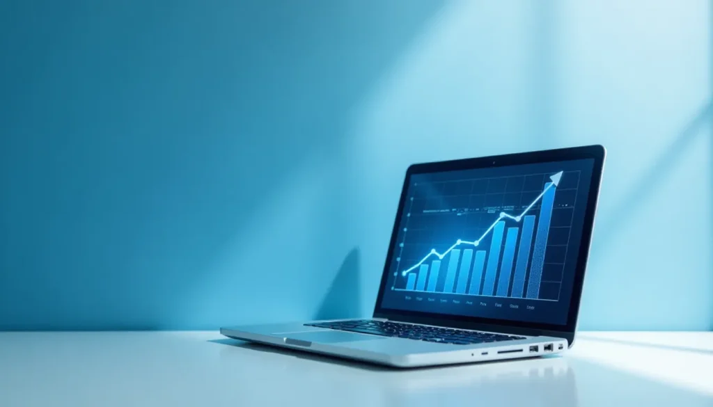 Laptop exibindo gráfico de crescimento em fundo azul, representando análise de dados e desempenho financeiro.