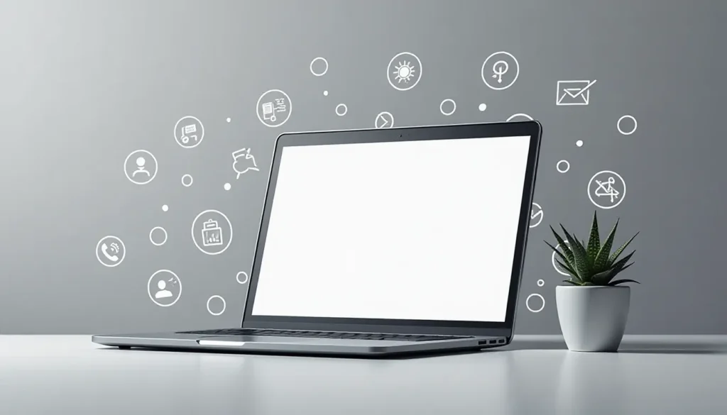 Laptop moderno sobre uma mesa com fundo cinza, rodeado por ícones representando comunicação, produtividade e tecnologia, além de uma planta em vaso branco.