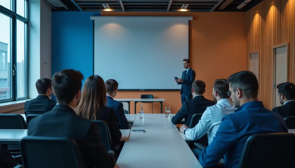 Homem apresentando em uma sala de conferências moderna, com uma audiência de profissionais em trajes formais. A sala possui uma tela projetora e uma decoração em tons de azul e laranja, refletindo um ambiente corporativo.