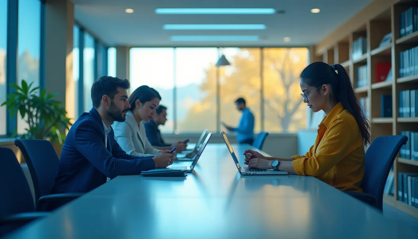 Ambiente de escritório moderno com profissionais trabalhando em laptops. A imagem apresenta um grupo de pessoas concentradas em suas tarefas, intercalando o uso de dispositivos móveis e computadores em uma sala iluminada por grandes janelas. Plantas decorativas e prateleiras ao fundo, oferecendo um ambiente produtivo e colaborativo.