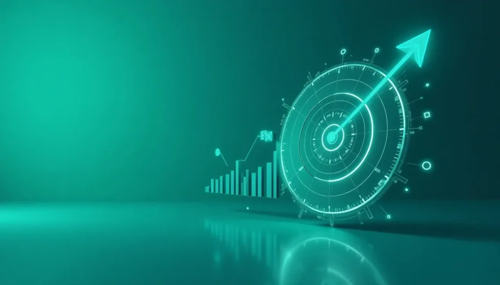Gráfico digital em tons de verde, apresentando uma bússola e um aumento de indicadores, simbolizando crescimento e análise de dados.