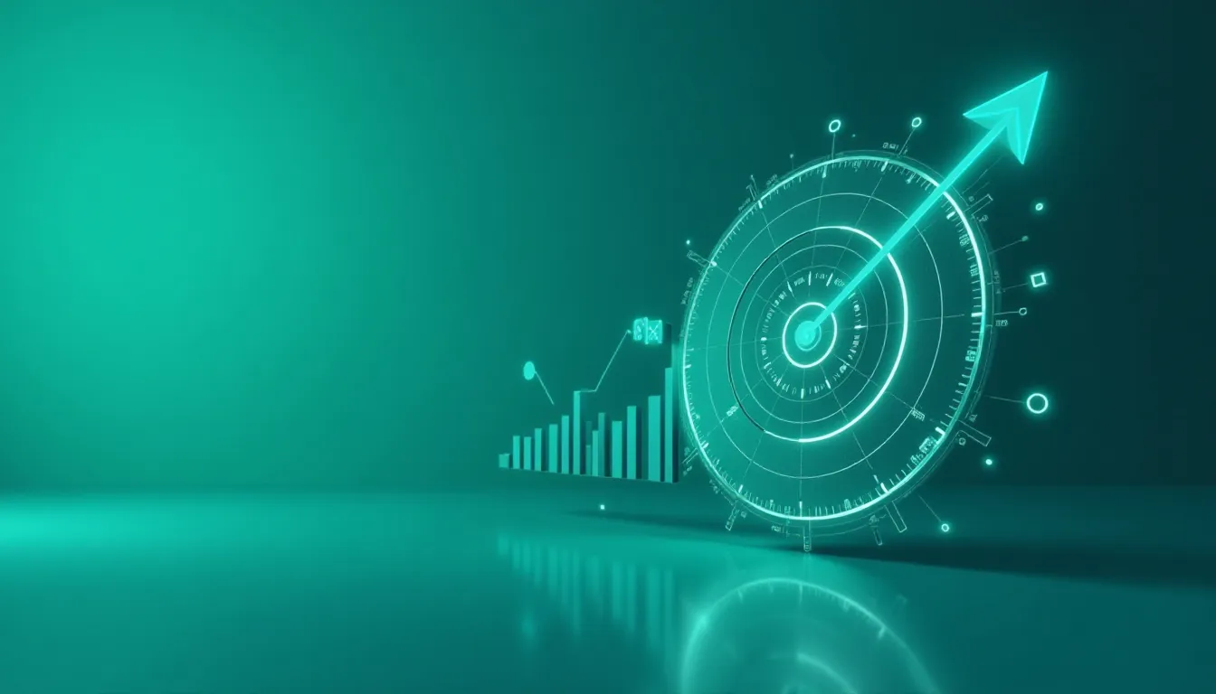 Gráfico digital em tons de verde, apresentando uma bússola e um aumento de indicadores, simbolizando crescimento e análise de dados.