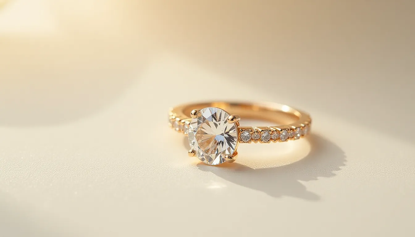 Anel de noivado delicado em ouro rosa com um grande diamante central e pedras menores na faixa. Fundo suave iluminado, destacando a beleza e o brilho do joia. Ideal para propostas românticas e celebrações de amor.