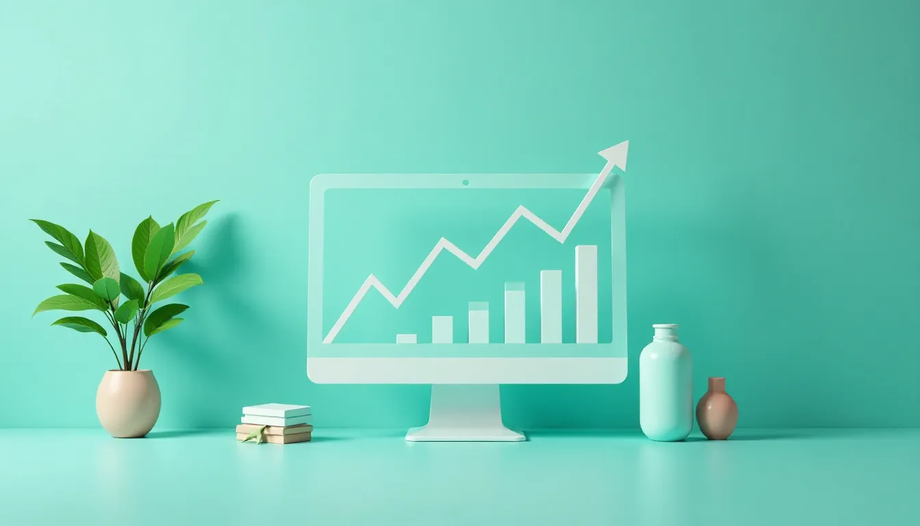 Computador com gráfico de crescimento em tela, rodeado por vasos e plantas, sobre fundo turquoise, simbolizando progresso e sucesso em negócios.