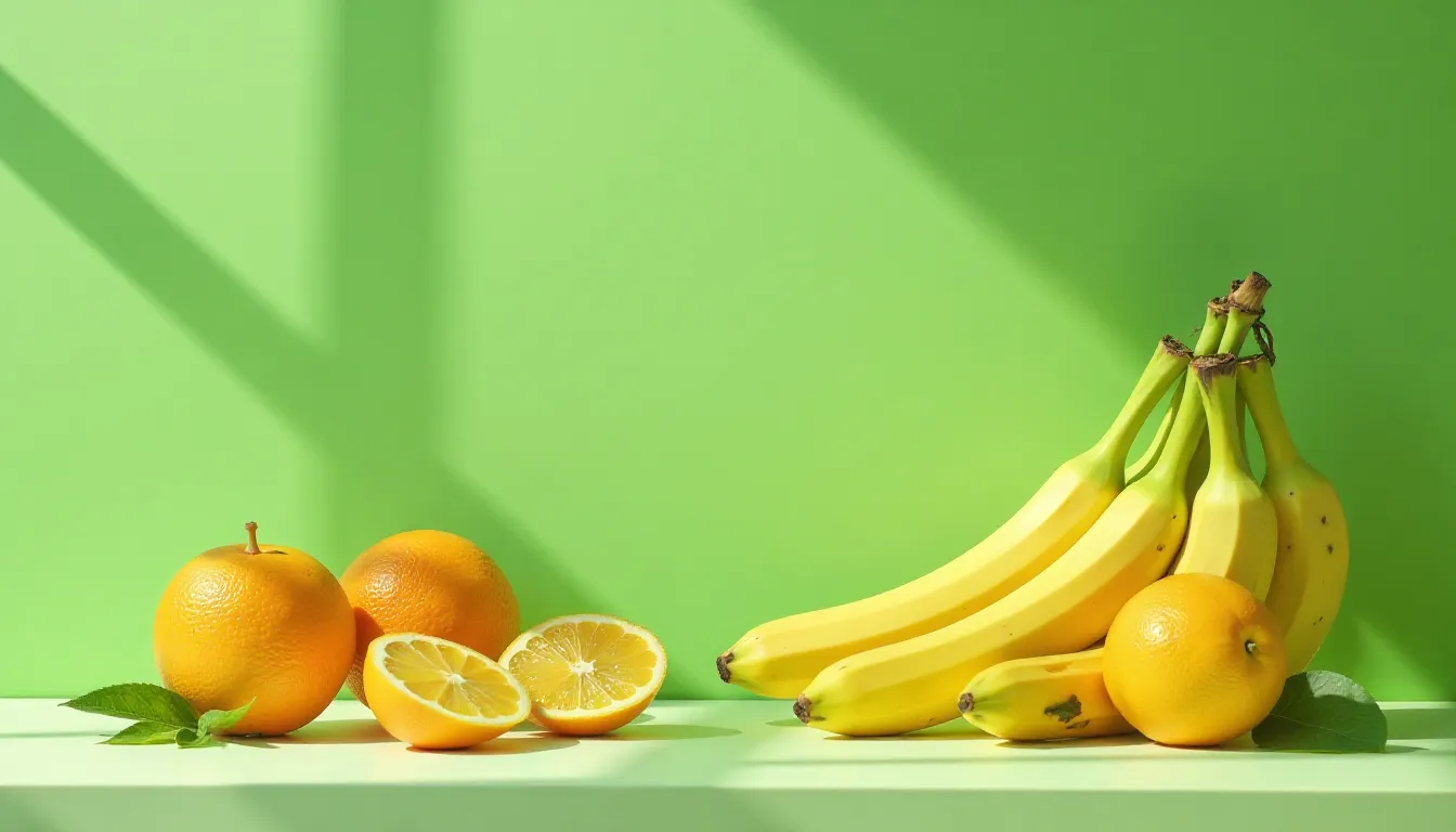 Frutas frescas sobre uma mesa: laranjas inteiras, uma laranja cortada ao meio e um cacho de bananas, com um fundo verde que destaca suas cores vibrantes.