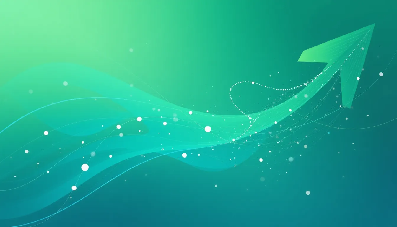 Fundo abstracto em tons de verde com uma seta apontando para cima, simbolizando crescimento e progresso, acompanhada de ondas e partículas luminosas.