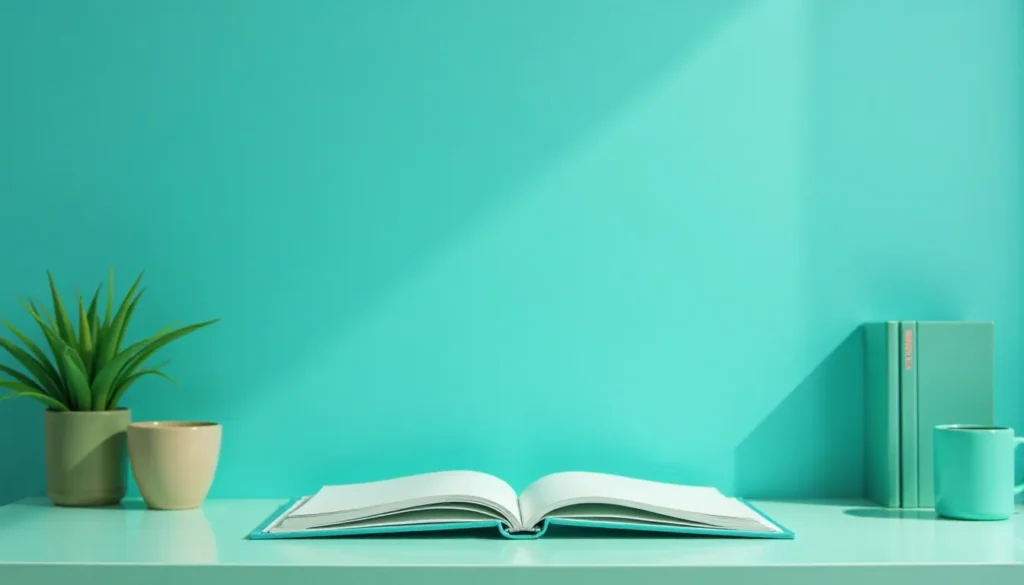 Mesa clara com um livro aberto em destaque, decorada com uma planta verde e um copo, em um ambiente com parede teal. Ideal para representar organização e criatividade em estudos ou trabalho.