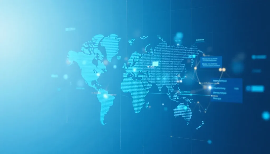 Mapa-múndi digital em um fundo azul, com elementos gráficos e dados interativos, representando conectividade global e tecnologia de informação.