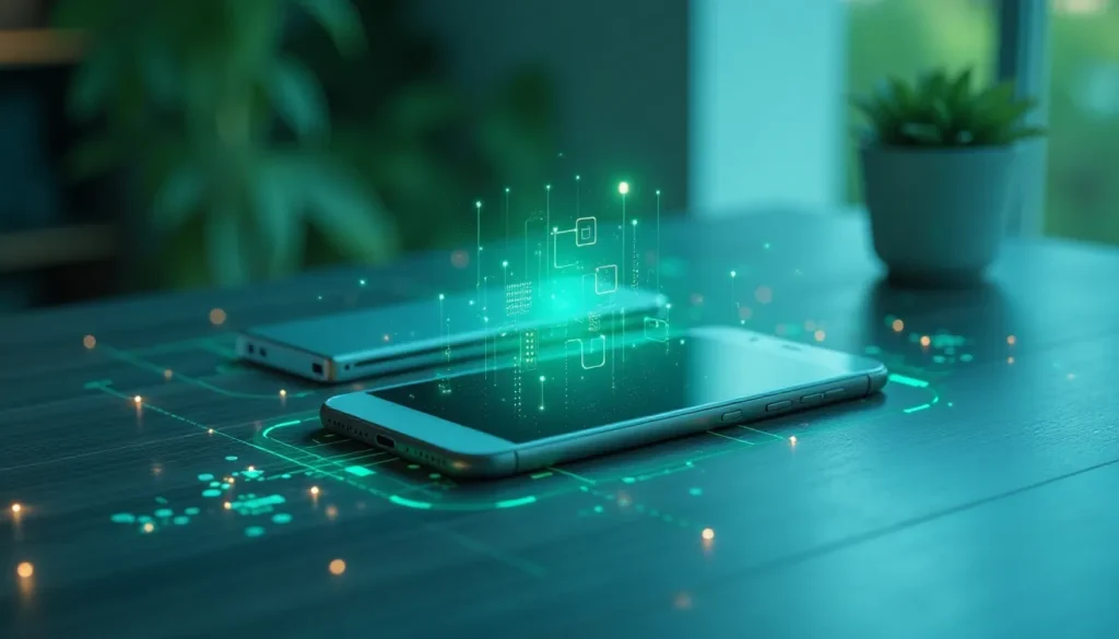 Dois smartphones modernamente posicionados sobre uma mesa de madeira escura, com gráficos holográficos digitais flutuantes em verde, simbolizando inovação tecnológica e conectividade. O ambiente é iluminado naturalmente, com uma planta pequena ao fundo.