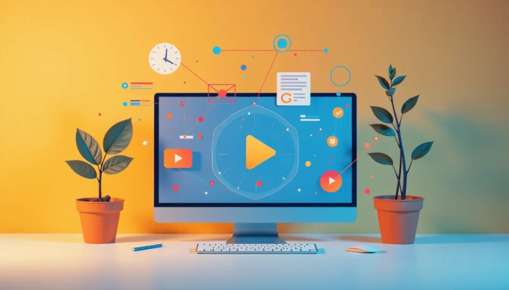 Computador moderno com tela azul apresentando ícones de vídeo, correio e gráficos, rodeado por plantas em vasos laranja, simbolizando produção de conteúdo digital e tecnologia.