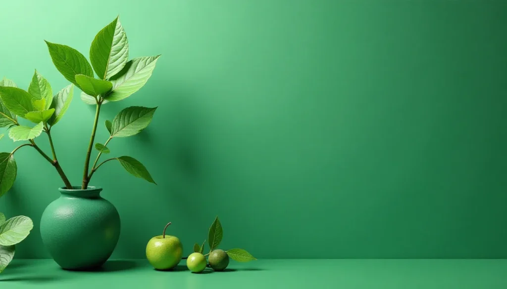 Vaso verde com ramificações de folhas frescas, acompanhado de maçãs verdes e folhas, em uma composição sobre fundo verde vibrante.