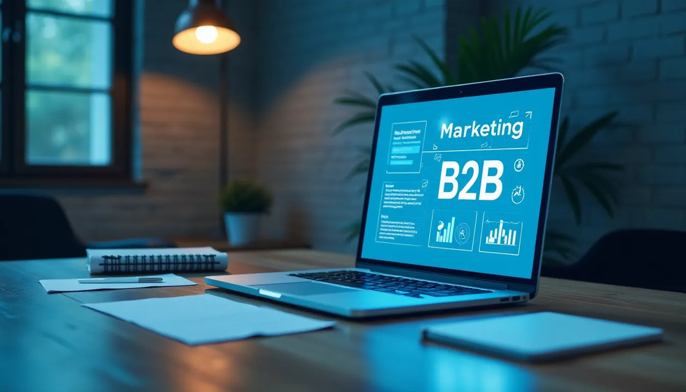 Imagem de um laptop aberto em uma mesa de madeira, exibindo informações sobre marketing B2B em uma tela azul. Ao fundo, uma planta e uma luz suave criam um ambiente de trabalho acolhedor. Notas e um caderno estão ao lado do laptop, evidenciando um cenário de produtividade.