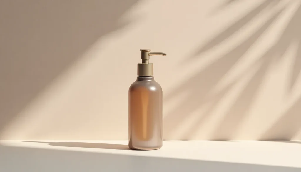 Frasco de vidro fosco com bomba dourada, ideal para embalagens de cosméticos, sobre superfície clara com sombras sutis ao fundo.