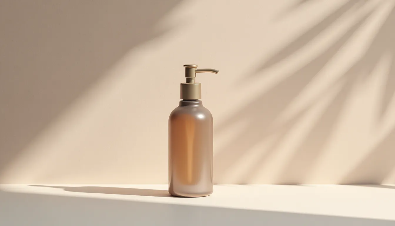 Frasco de vidro fosco com bomba dourada, ideal para embalagens de cosméticos, sobre superfície clara com sombras sutis ao fundo.