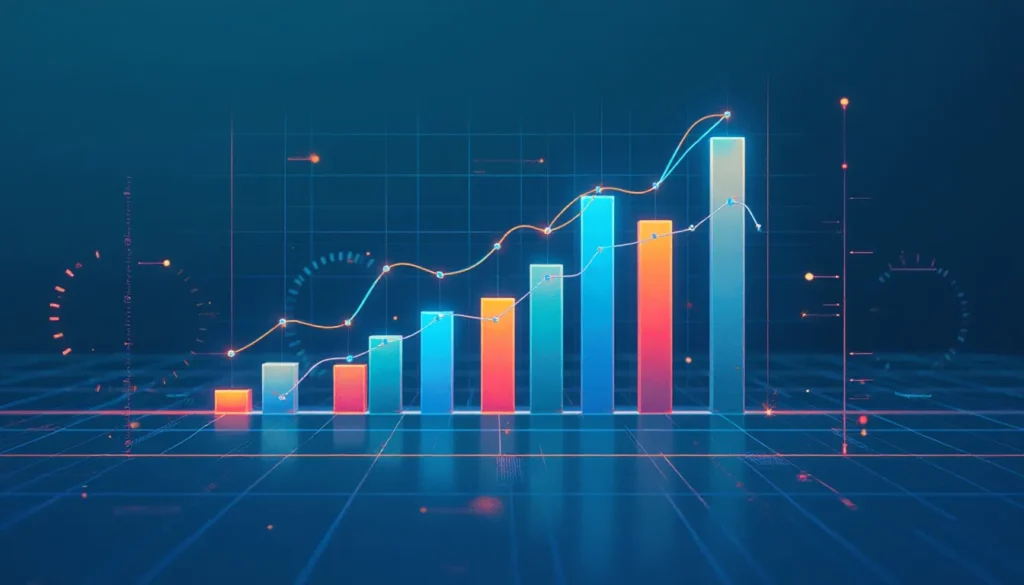 Gráfico de barras em 3D apresentando crescimento de dados, com barras coloridas em azul, laranja e vermelho, e uma linha de tendência ascendente sobre um fundo azul escuro, simbolizando análise de desempenho e resultados financeiros.